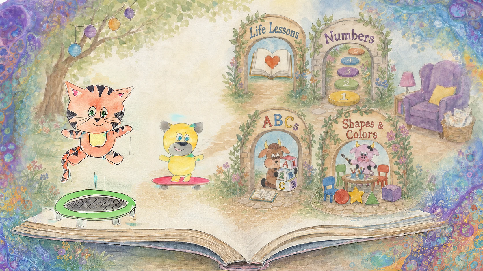 An open storybook leading to four Learning Adventures: Life Lessons, Numbers, ABCs, and Shapes & Colors.
