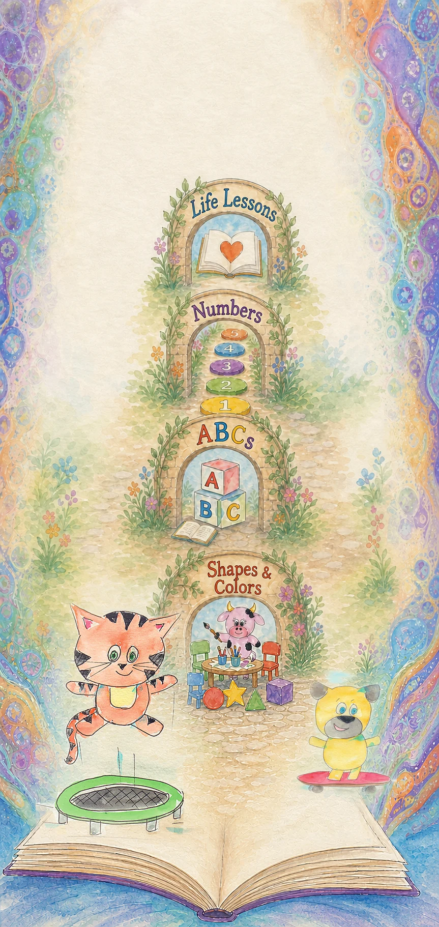 An open storybook leading to four Learning Adventures: Life Lessons, Numbers, ABCs, and Shapes & Colors.